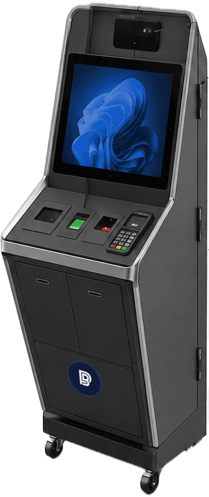 BNPRS Instant Card Issuance Kiosk - self-service terminal with camera, touch display, MRZ reader, fingerprint scanner, barcode reader and encrypting PIN pad